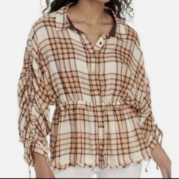 We The Free People Pacific Dawn Top Womens XS Peach Tree Combo Drawstring Shirt - Picture 12 of 12